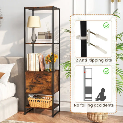 5-Tier Narrow Bookcase with 4 Open Shelves and Storage Drawer-Rustic Brown - Rustic Brown - Bookcases