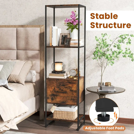 5-Tier Narrow Bookcase with 4 Open Shelves and Storage Drawer-Rustic Brown - Rustic Brown - Bookcases