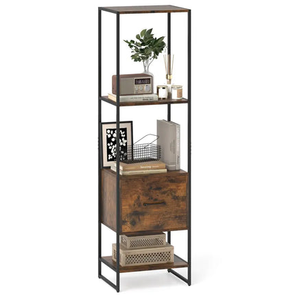 5-Tier Narrow Bookcase with 4 Open Shelves and Storage Drawer-Rustic Brown - Rustic Brown - Bookcases