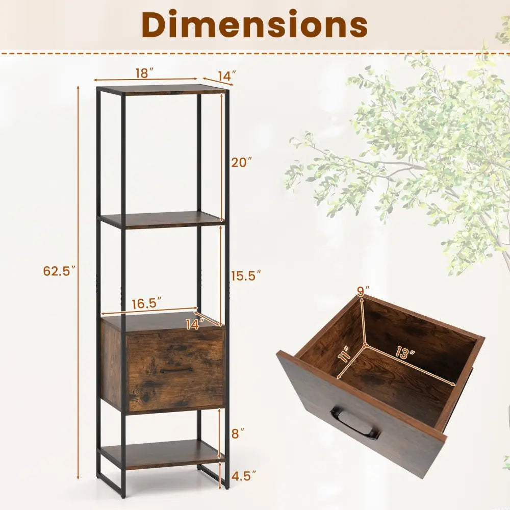 5-Tier Narrow Bookcase with 4 Open Shelves and Storage Drawer-Rustic Brown - Rustic Brown - Bookcases