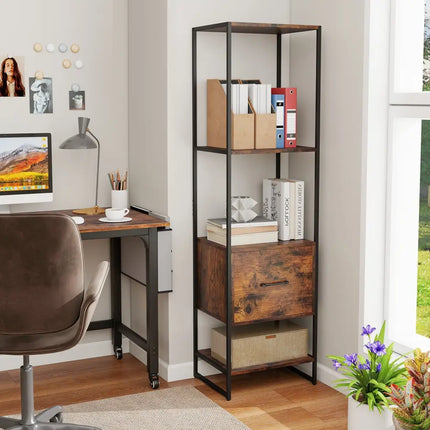 5-Tier Narrow Bookcase with 4 Open Shelves and Storage Drawer-Rustic Brown - Rustic Brown - Bookcases
