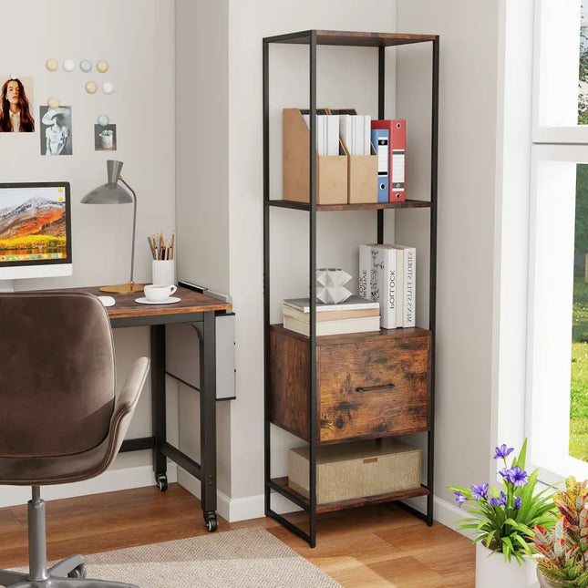 5-Tier Narrow Bookcase with 4 Open Shelves and Storage Drawer-Rustic Brown - Rustic Brown - Bookcases