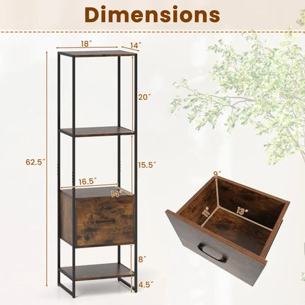 5-Tier Narrow Bookcase with 4 Open Shelves and Storage Drawer-Rustic Brown - Rustic Brown - Bookcases