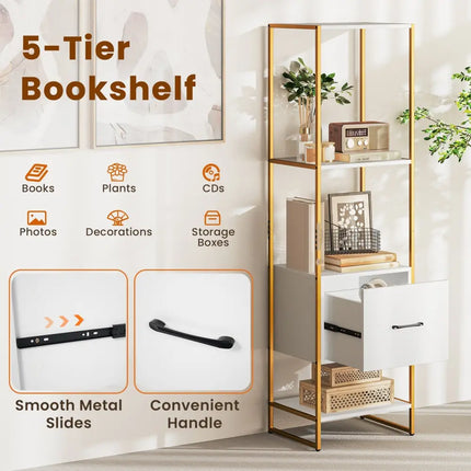 5-Tier Narrow Bookcase with 4 Open Shelves and Storage Drawer-White - White - Bookcases