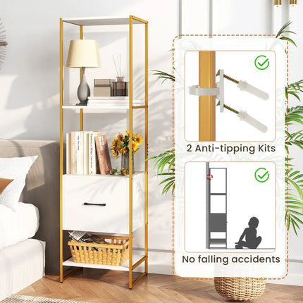 5-Tier Narrow Bookcase with 4 Open Shelves and Storage Drawer-White - White - Bookcases