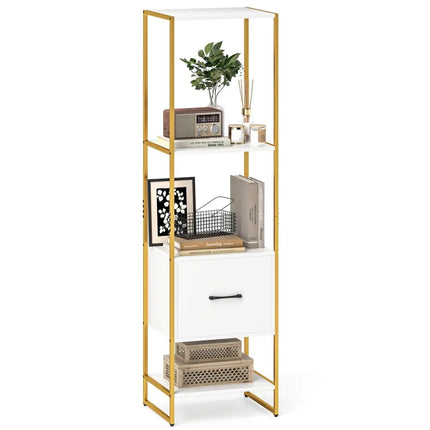 5-Tier Narrow Bookcase with 4 Open Shelves and Storage Drawer-White - White - Bookcases