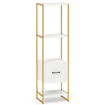 5-Tier Narrow Bookcase with 4 Open Shelves and Storage Drawer-White - White - Bookcases
