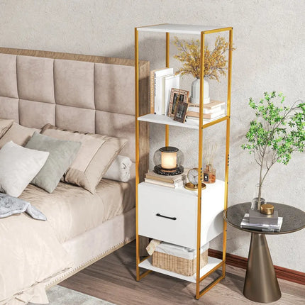 5-Tier Narrow Bookcase with 4 Open Shelves and Storage Drawer-White - White - Bookcases