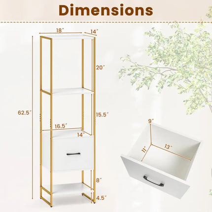 5-Tier Narrow Bookcase with 4 Open Shelves and Storage Drawer-White - White - Bookcases