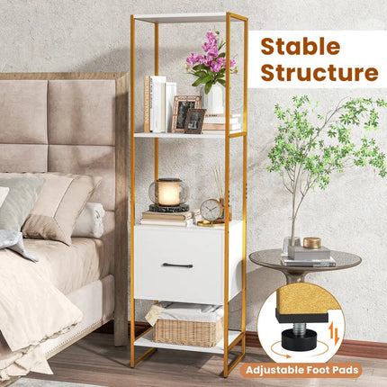 5-Tier Narrow Bookcase with 4 Open Shelves and Storage Drawer-White - White - Bookcases