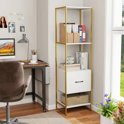5-Tier Narrow Bookcase with 4 Open Shelves and Storage Drawer-White - White - Bookcases