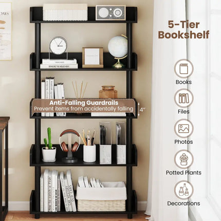 5-Tier Open Bookcase with Industrial Storage Unit-Black - Black - Bookcases