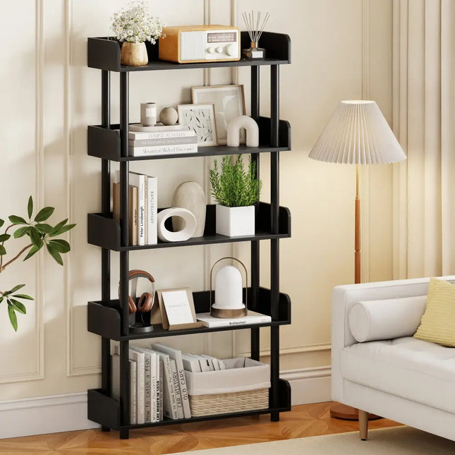 5-Tier Open Bookcase with Industrial Storage Unit-Black - Black - Bookcases