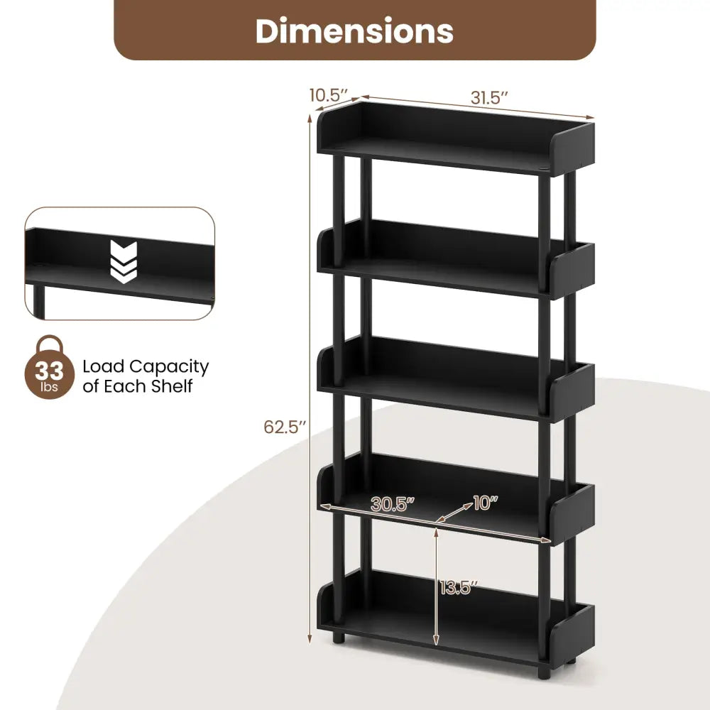 5-Tier Open Bookcase with Industrial Storage Unit-Black - Black - Bookcases