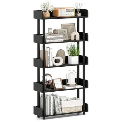 5-Tier Open Bookcase with Industrial Storage Unit-Black - Black - Bookcases