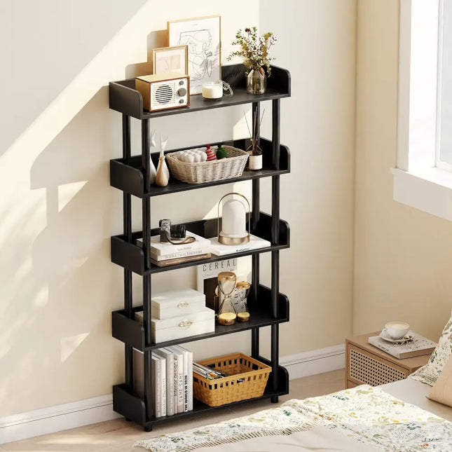 5-Tier Open Bookcase with Industrial Storage Unit-Black - Black - Bookcases