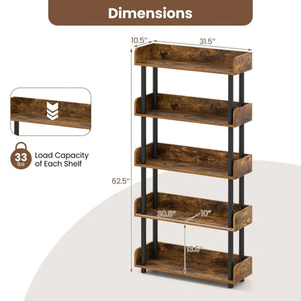 5-Tier Open Bookcase with Industrial Storage Unit-Rustic Brown - Rustic Brown - Bookcases