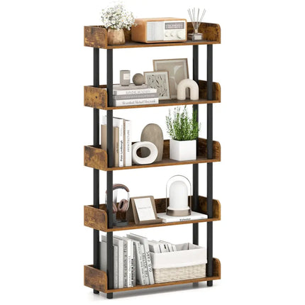 5-Tier Open Bookcase with Industrial Storage Unit-Rustic Brown - Rustic Brown - Bookcases