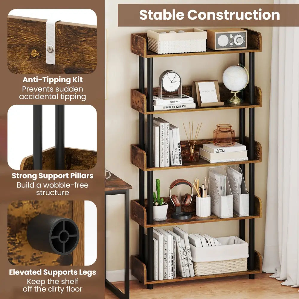 5-Tier Open Bookcase with Industrial Storage Unit-Rustic Brown - Rustic Brown - Bookcases