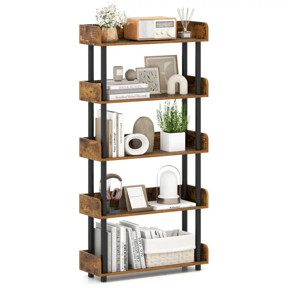 5-Tier Open Bookcase with Industrial Storage Unit-Rustic Brown - Rustic Brown - Bookcases