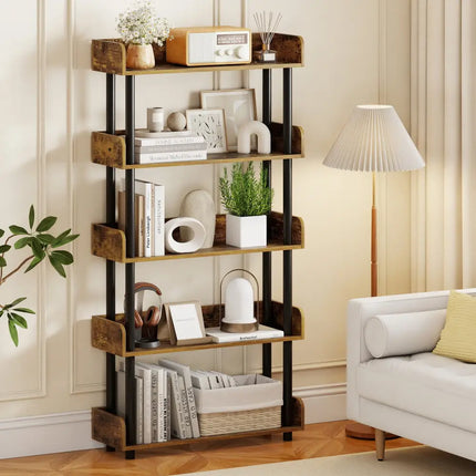 5-Tier Open Bookcase with Industrial Storage Unit-Rustic Brown - Rustic Brown - Bookcases