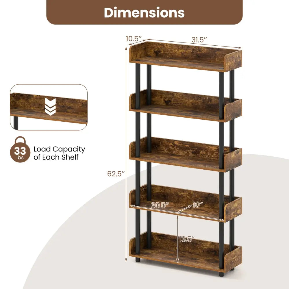 5-Tier Open Bookcase with Industrial Storage Unit-Rustic Brown - Rustic Brown - Bookcases