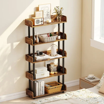 5-Tier Open Bookcase with Industrial Storage Unit-Rustic Brown - Rustic Brown - Bookcases