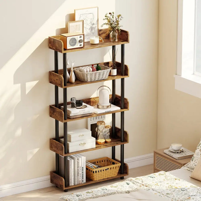 5-Tier Open Bookcase with Industrial Storage Unit-Rustic Brown - Rustic Brown - Bookcases