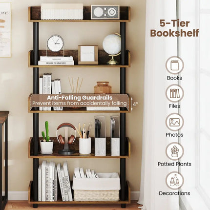 5-Tier Open Bookcase with Industrial Storage Unit-Rustic Brown - Rustic Brown - Bookcases