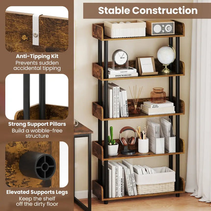 5-Tier Open Bookcase with Industrial Storage Unit-Rustic Brown - Rustic Brown - Bookcases