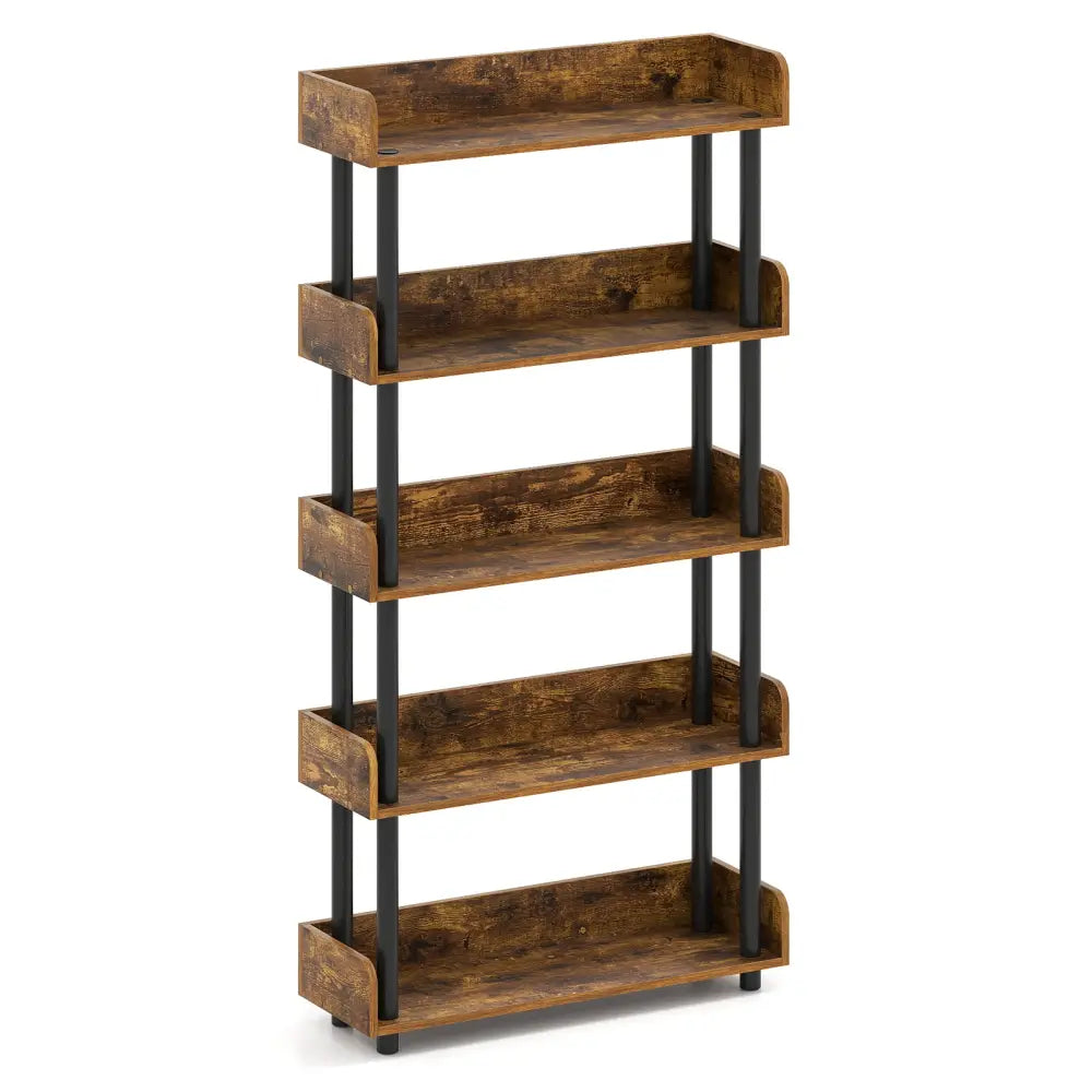 5-Tier Open Bookcase with Industrial Storage Unit-Rustic Brown - Rustic Brown - Bookcases