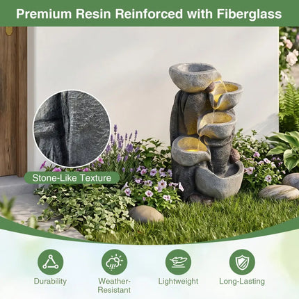 5-Tier Outdoor Water Fountain with LED Lights 17.5 Inch H for Patio Deck - Gray - Outdoor Decor