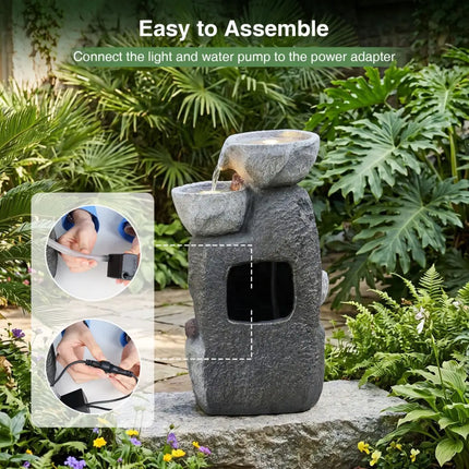 5-Tier Outdoor Water Fountain with LED Lights 17.5 Inch H for Patio Deck - Gray - Outdoor Decor
