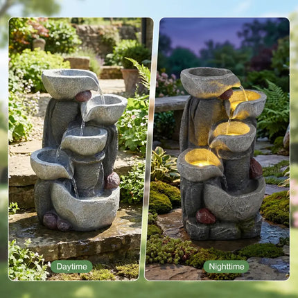 5-Tier Outdoor Water Fountain with LED Lights 17.5 Inch H for Patio Deck - Gray - Outdoor Decor