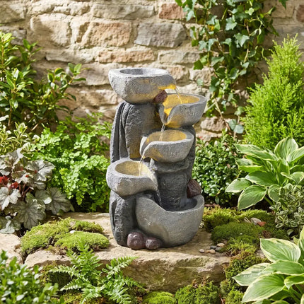 5-Tier Outdoor Water Fountain with LED Lights 17.5 Inch H for Patio Deck - Gray - Outdoor Decor