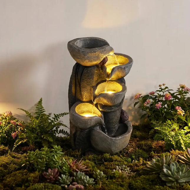 5-Tier Outdoor Water Fountain with LED Lights 17.5 Inch H for Patio Deck - Gray - Outdoor Decor