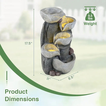 5-Tier Outdoor Water Fountain with LED Lights 17.5 Inch H for Patio Deck - Gray - Outdoor Decor