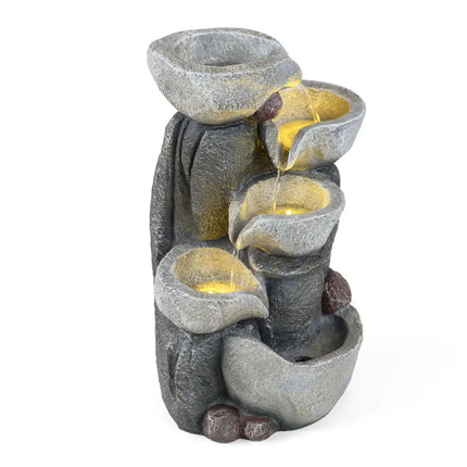 5-Tier Outdoor Water Fountain with LED Lights 17.5 Inch H for Patio Deck - Gray - Outdoor Decor