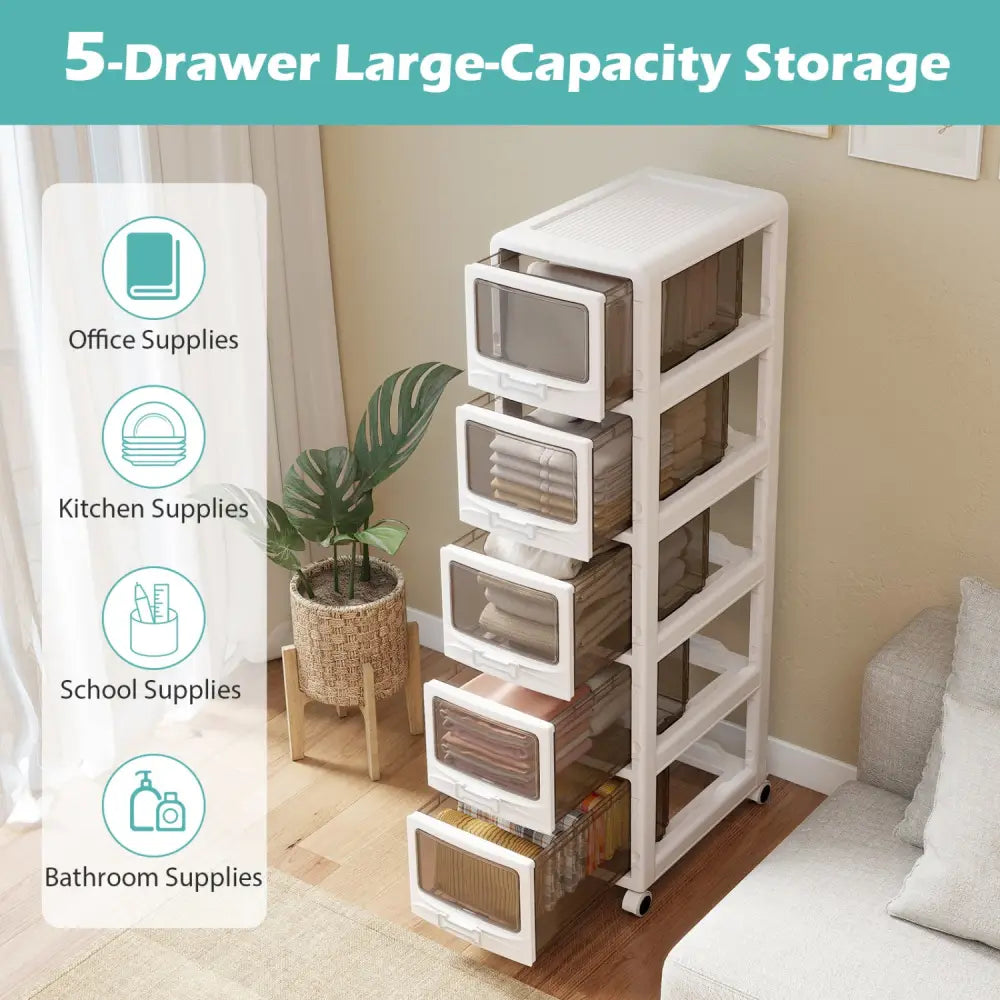 5-Tier Plastic Drawer Storage Organizer Rolling Cart with 3/4/5 Drawers and Lockable Wheels - File Cabinets