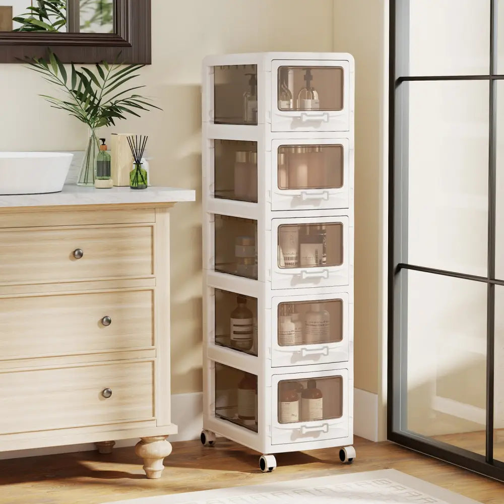 5-Tier Plastic Drawer Storage Organizer Rolling Cart with 3/4/5 Drawers and Lockable Wheels - File Cabinets