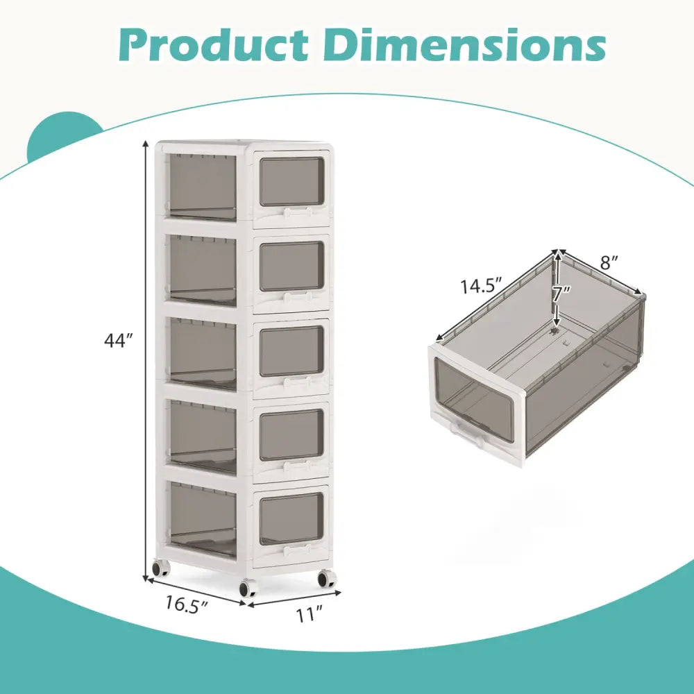5-Tier Plastic Drawer Storage Organizer Rolling Cart with 3/4/5 Drawers and Lockable Wheels - File Cabinets
