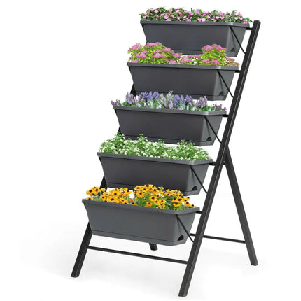 5-Tier Raised Garden Bed with Water Drainage for Flowers Vegetables - Black - Raised Garden Beds