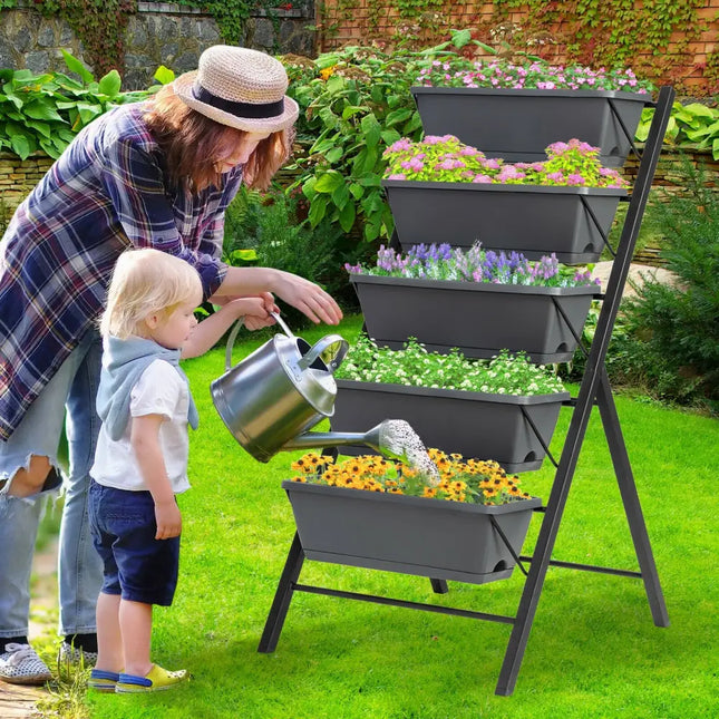 5-Tier Raised Garden Bed with Water Drainage for Flowers Vegetables - Black - Raised Garden Beds