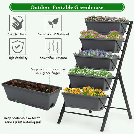 5-Tier Raised Garden Bed with Water Drainage for Flowers Vegetables - Black - Raised Garden Beds