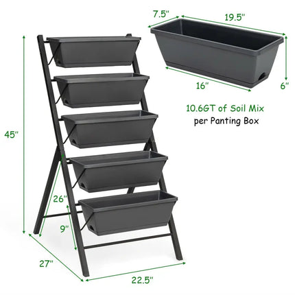 5-Tier Raised Garden Bed with Water Drainage for Flowers Vegetables - Black - Raised Garden Beds