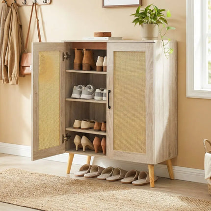 5-Tier Rattan Shoe Cabinet with 3 Removable Shelves-Natural - Natural - Shoe Racks & Storage Benches