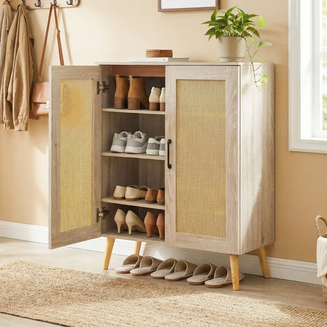 5-Tier Rattan Shoe Cabinet with 3 Removable Shelves-Natural - Natural - Shoe Racks & Storage Benches