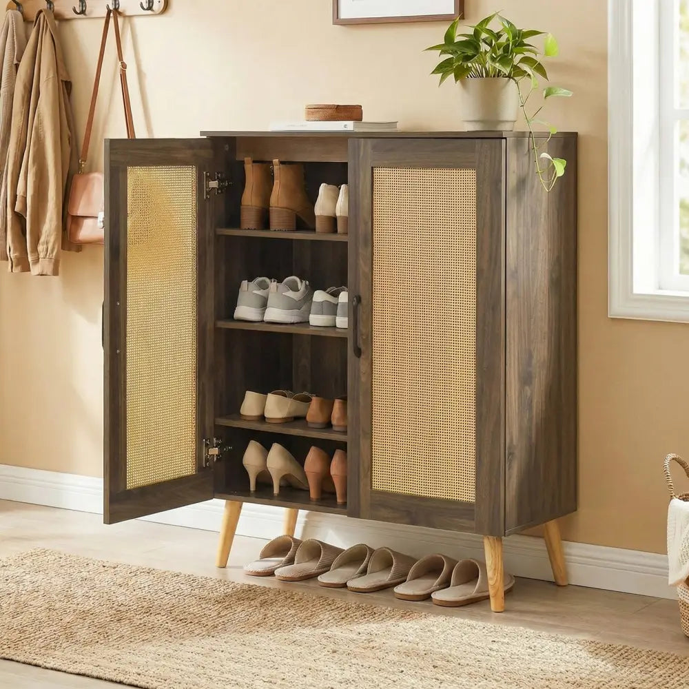 5-Tier Rattan Shoe Cabinet with 3 Removable Shelves-Walnut - Walnut - Shoe Racks & Storage Benches