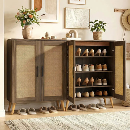 5-Tier Rattan Shoe Cabinet with 3 Removable Shelves-Walnut - Walnut - Shoe Racks & Storage Benches