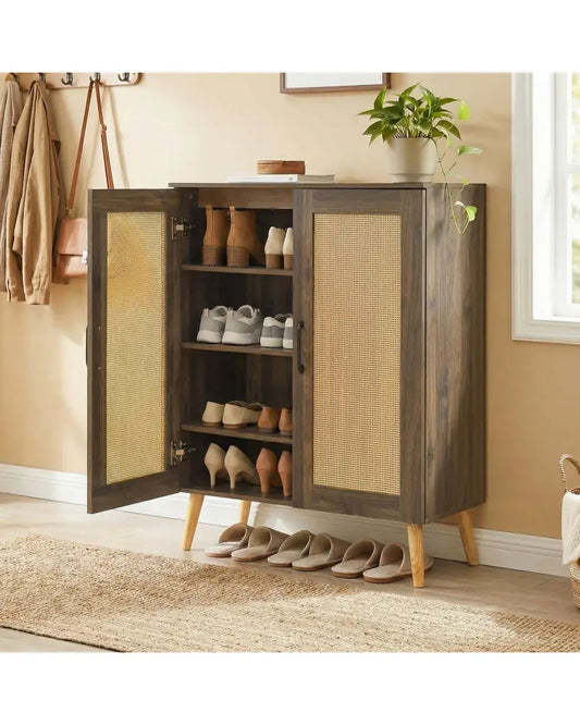5-Tier Rattan Shoe Cabinet with 3 Removable Shelves-Walnut - Walnut - Shoe Racks & Storage Benches